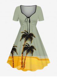 Plus Size Coconut Tree Beach Sea Colorblock Print Cinched Hawaii Dress -  