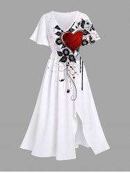 Plus Size Valentine's Day Heart Flowers Leaf Print Split Midi Dress -  