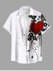 Plus Size Valentine's Day Heart Flowers Leaf Print Buttons Pocket Shirt For Men -  