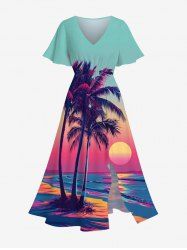 Plus Size Coconut Tree Sun Seascape Ombre Print Split Hawaii Midi Dress -  