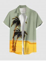 Plus Size Coconut Tree Beach Sea Colorblock Print Buttons Pocket Hawaii Shirt For Men -  