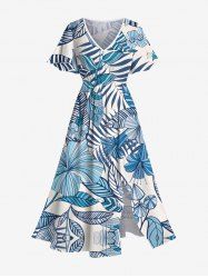 Robe Mi-Longue Fendue Fleur D'Hibiscus et Feuille Tropicale Imprimées de Grande Taille - Bleu L