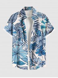 Chemise Décontractée Fleur Feuille D'Hibiscus et Feuille Tropicale Imprimées de Grande Taille avec Poche - Bleu clair XL