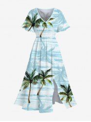 Robe Hawaïen Mi-Longue Fendue Cocotier et Mer Imprimés de Grande Taille - Bleu clair 4X