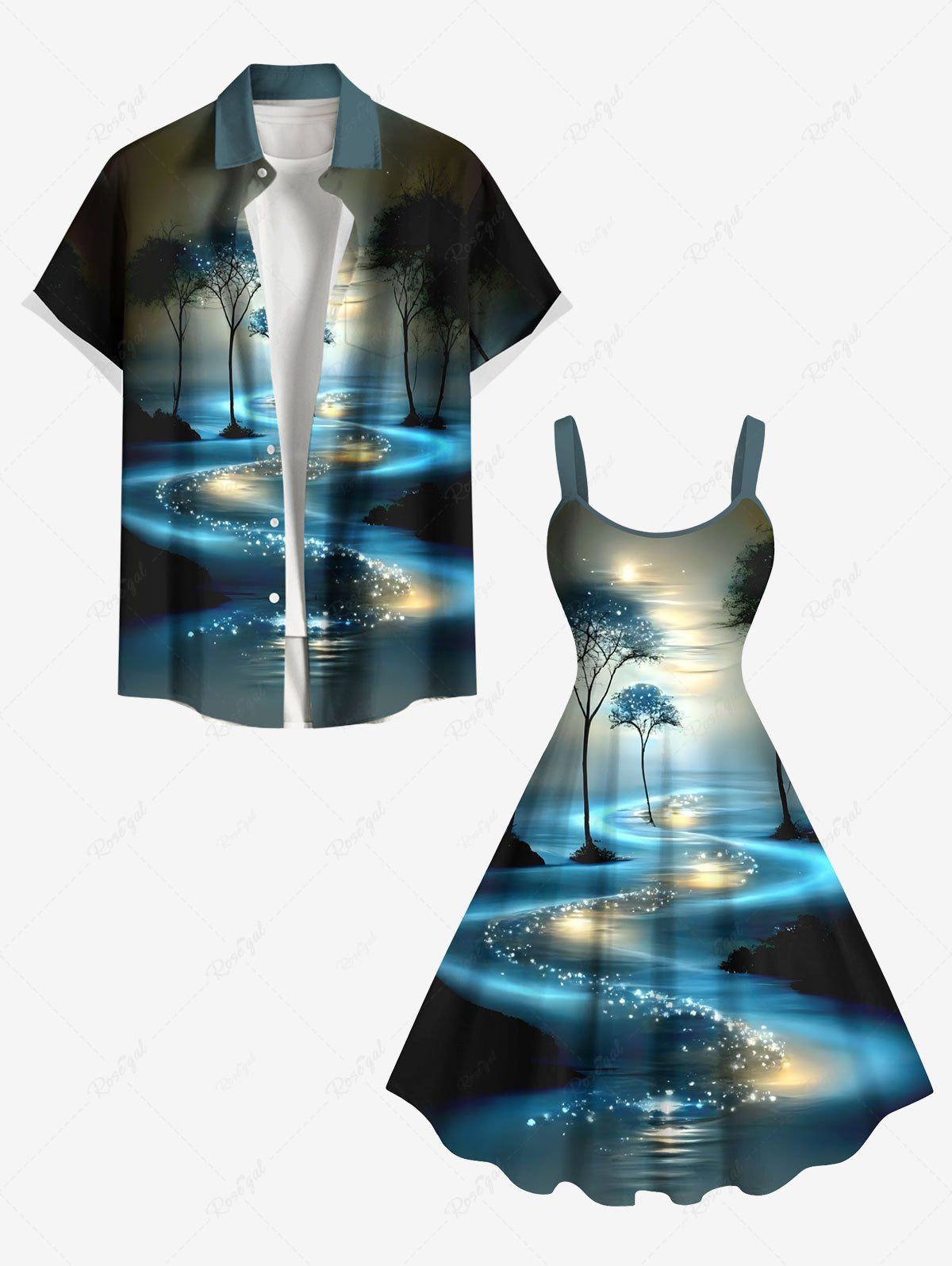 Tenue de Plage Grande Taille à Paillettes Brillantes et Imprimé Arbre 3D pour Couples Noir 