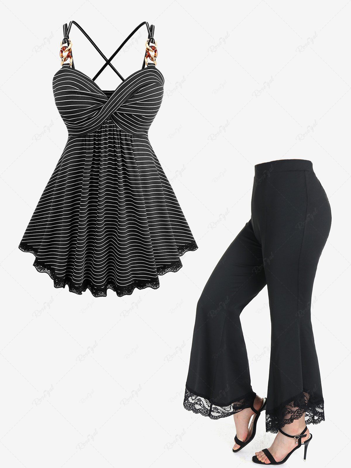 Haut à Bretelle Rayé Tordu et Pantalon Evasé Panneau en Dentelle de Grande Taille Noir 