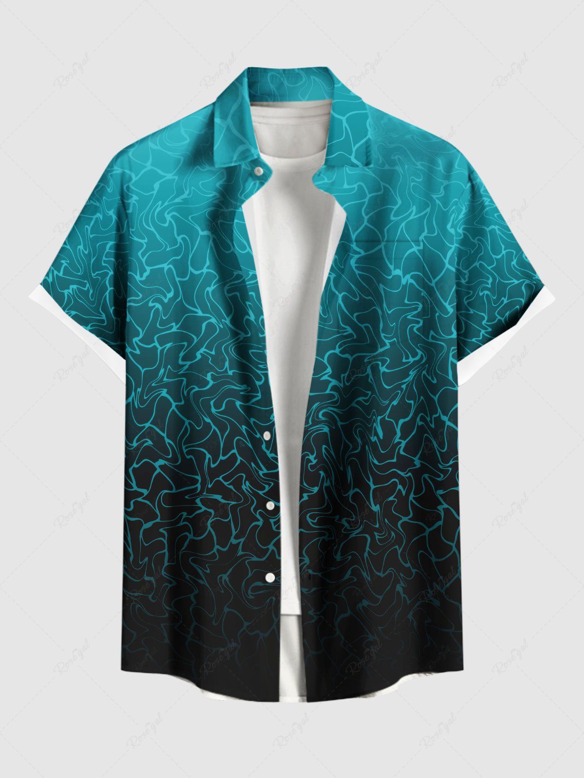 Discount Plus Size Ombre Colorblock Water Ripples Print Buttons Pocket Hawaii Shirt For Men  