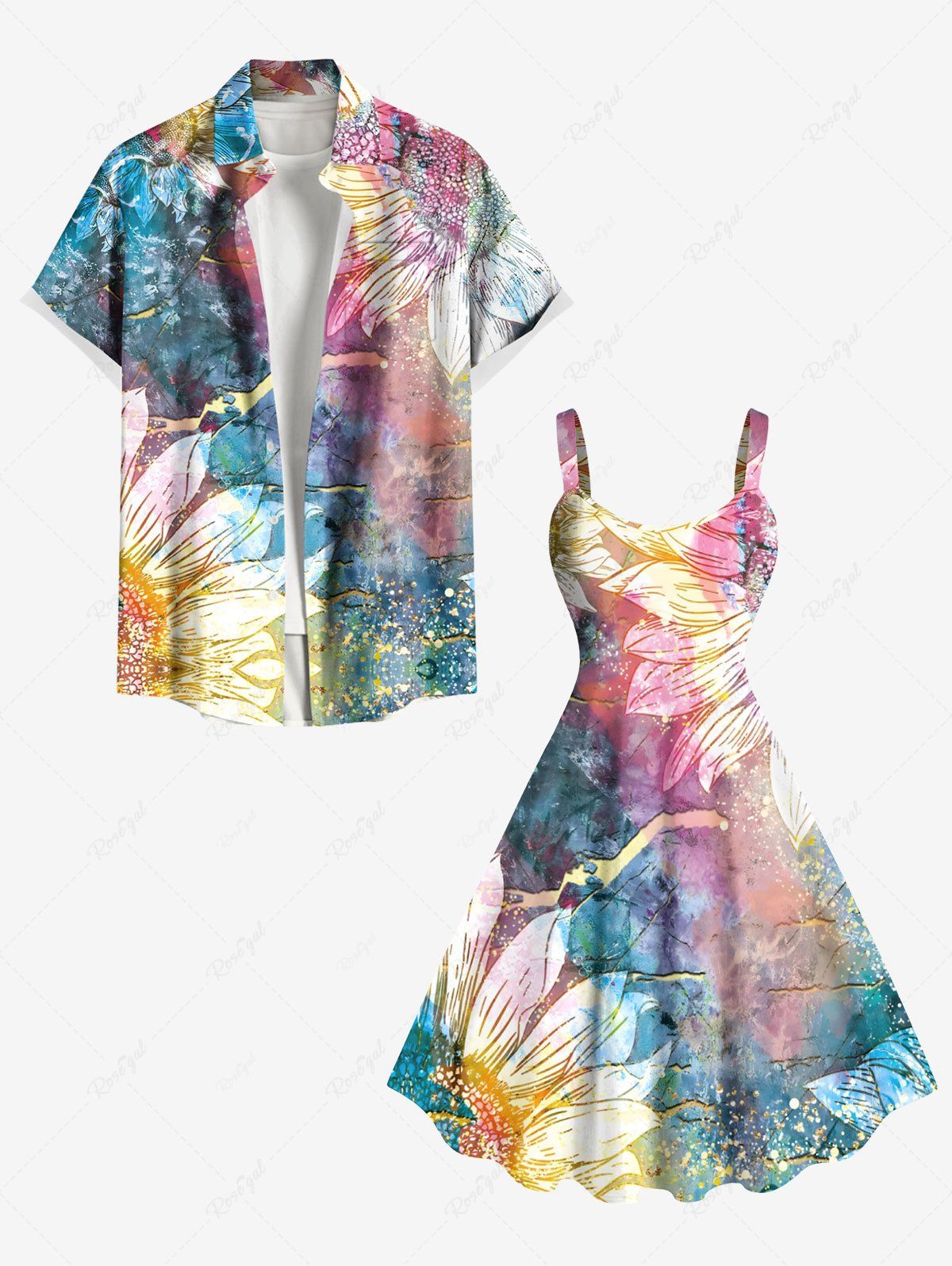 Affordable Disdressed Colorful Sunflower Print Plus Size Matching Hawaii Beach Outfit For Couples  