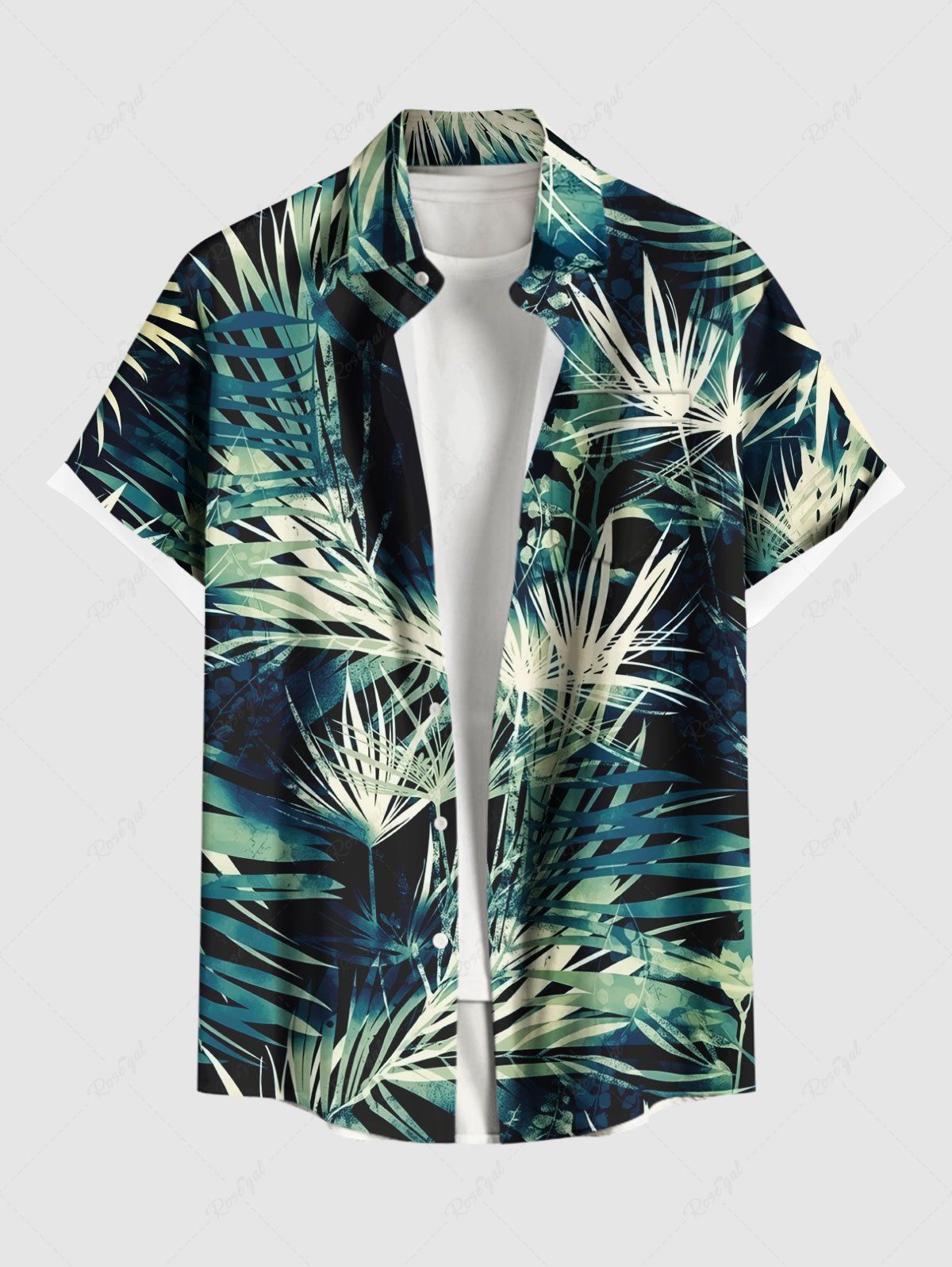 Shops Plus Size Tropical Leaf Print Buttons Pocket Hawaii Shirt For Men  