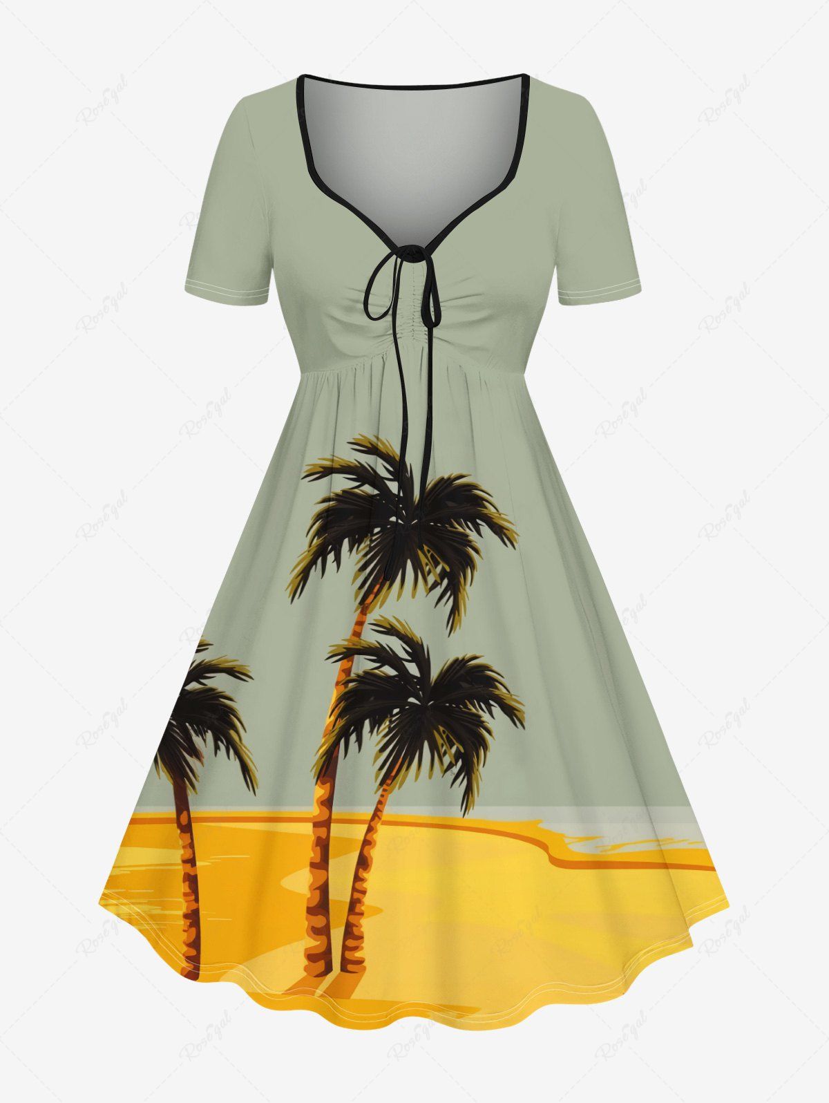 Discount Plus Size Coconut Tree Beach Sea Colorblock Print Cinched Hawaii Dress  