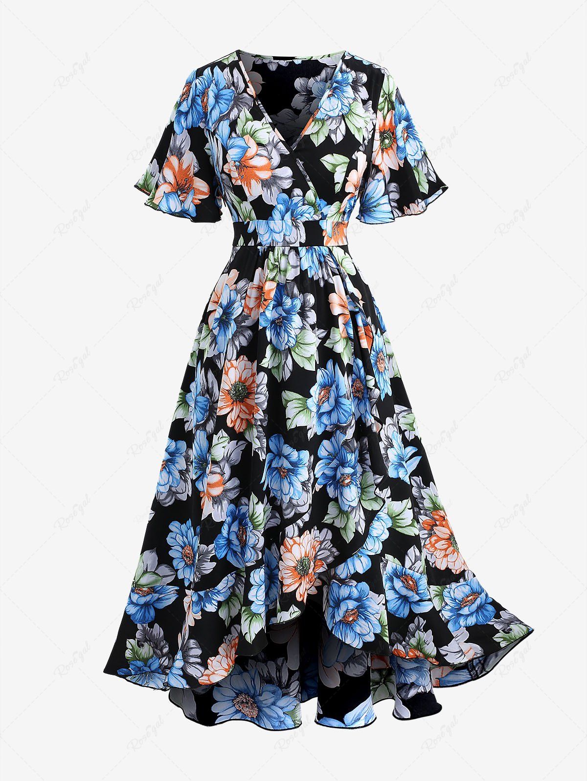 Outfit Plus Size Colorful Flower Print Surplice Ruffles A Line Casual Dress  