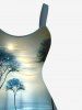 Tenue de Plage Grande Taille à Paillettes Brillantes et Imprimé Arbre 3D pour Couples - Noir 