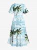 Robe Hawaïen Mi-Longue Fendue Cocotier et Mer Imprimés de Grande Taille - Bleu clair 4X