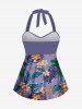 Plus Size Tropical Leaf Flower Print Halter Hawaii Tankini Top -  