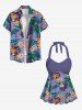 Haut Tankini Hawaïen Dos-Nu à Imprimé Feuilles et Fleurs Tropicales Grande-Taille - Pourpre  2X