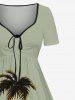 Plus Size Coconut Tree Beach Sea Colorblock Print Cinched Hawaii Dress -  