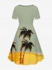 Plus Size Coconut Tree Beach Sea Colorblock Print Cinched Hawaii Dress -  