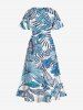 Robe Mi-Longue Fendue Fleur D'Hibiscus et Feuille Tropicale Imprimées de Grande Taille - Bleu L