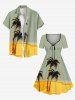 Plus Size Coconut Tree Beach Sea Colorblock Print Cinched Hawaii Dress -  