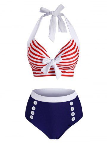 Maillot de Bain Tankini Noué Rayé Embelli de Bouton à Col Halter - RED - L