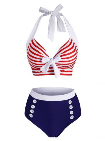 Striped Halter Button Embellished Tied Tankini Swimwear - RED - XL