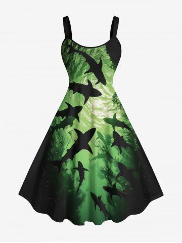 Plus Size Waterweed Seabed Shark Print Hawaii Sea Creatures Ombre A Line Tank Dress - GREEN - 4X