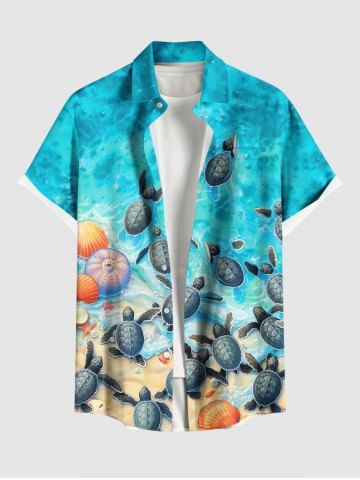 Plus Size Turtle Shell Ombre Sea Beach Print Hawaii Sea Creatures Button Pocket Shirt For Men