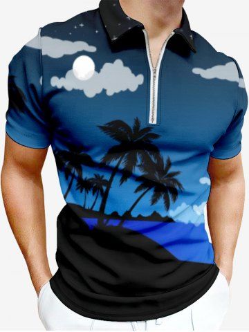 Plus Size Turn-down Collar Coconut Tree Beach Sea Moon Cloud Star Ombre Galaxy Print Hawaii Half Zipper Polo Shirt For Men - DEEP BLUE - XS