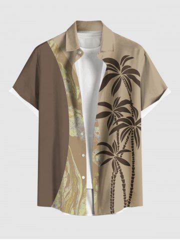 Plus Size Coconut Tree Colorblock Ocean Current Print Buttons Pocket Hawaii Shirt For Men