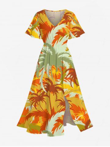 Plus Size Coconut Tree Colorblock Print Split Hawaii Midi Dress - ORANGE - XS