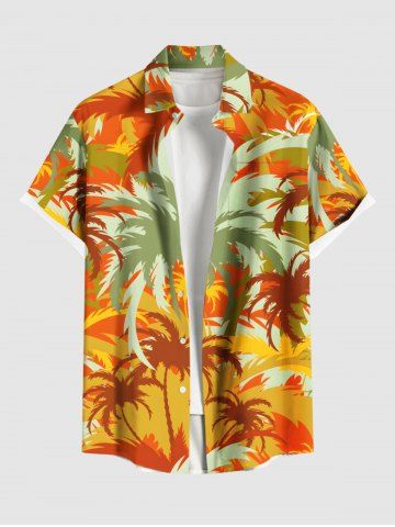 Plus Size Coconut Tree Colorblock Print Buttons Pocket Hawaii Shirt For Men - ORANGE - 6XL