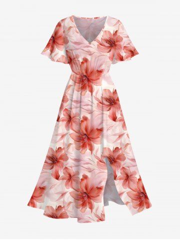 Plus Size Flowers Ombre Print Split Hawaii Midi Dress - LIGHT PINK - 1X