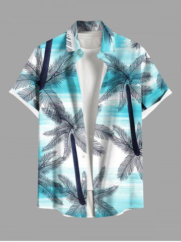 Plus Size Coconut Tree Ombre Sea Print Buttons Pocket Hawaii Shirt For Men - BLUE - 4XL