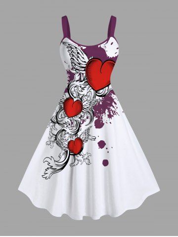 Plus Size Valentine's Day Heart Wings Paint Splatter Print Tank Dress - WHITE - 6X