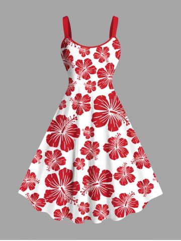 Plus Size Tropical Hibiscus Flower Print Hawaii Tank Dress - RED - M