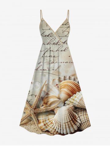 Plus Size Distressed Ombre Letter Shell Starfish Print Hawaii Surplice A Line Cami Dress - COFFEE - S