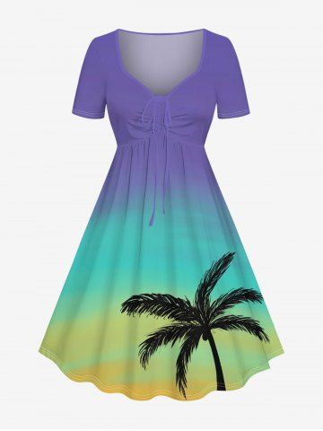 Plus Size Coconut Tree Dip Dye Ombre Print Hawaii Cinched A Line Dress - MULTI-A - 4X