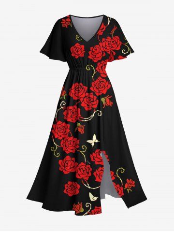 Plus Size Rose Flower Butterfly Branch Print Valentines Split Pocket A Line Midi Dress - BLACK - 6X