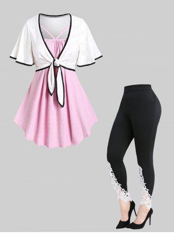 Lace Trim Broderie Anglaise Knot Top and Textured Tank Top Set and Floral Appliques Leggings Plus Size Outfit