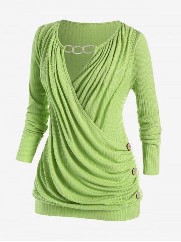 T-shirt à encolure cache-cœur drapée avec chaînettes et ouverture en trou de serrure pour grandes tailles - GREEN - 4X | US 26-28