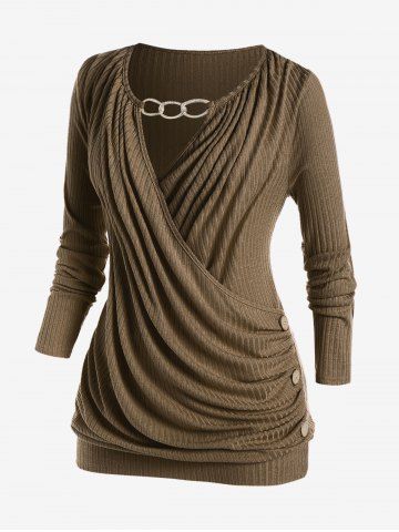 T-shirt à encolure cache-cœur drapée avec chaînettes et ouverture en trou de serrure pour grandes tailles - COFFEE - 5X | US 30-32