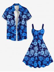 Tenue de Plage à Imprimé Feuilles Tropicales Grande-Taille pour Couples - Bleu 