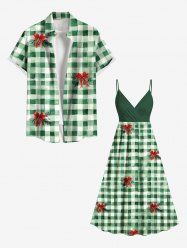 Tropical Leaf Bowknot Plaid Print Plus Size Matching Hawaii Beach Outfit For Couples -  