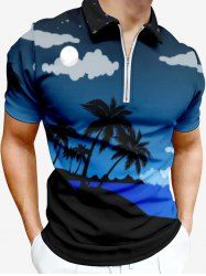 Chemise de Plage Ombré Arbre Noix de Coco et Lune Imprimés de Grande Taille à Col Relevé - Bleu profond L