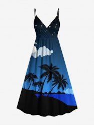 Plus Size Coconut Tree Beach Sea Moon Cloud Star Ombre Galaxy Print Hawaii Surplice A Line Cami Dress -  