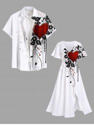 Valentine's Day Heart Flowers Leaf Print Plus Size Matching Outfit For Couples -  