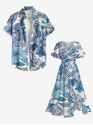 Tenue de Plage à Imprimé Fleurs et Feuilles Tropicales Grande-Taille pour Couples - Bleu 