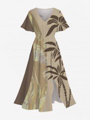 Plus Size Coconut Tree Colorblock Ocean Current Print Split Hawaii Midi Dress -  