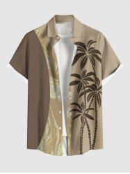Plus Size Coconut Tree Colorblock Ocean Current Print Buttons Pocket Hawaii Shirt For Men -  