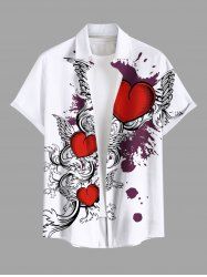 Plus Size Valentine's Day Heart Wings Paint Splatter Printed Buttons Pocket Shirt For Men -  